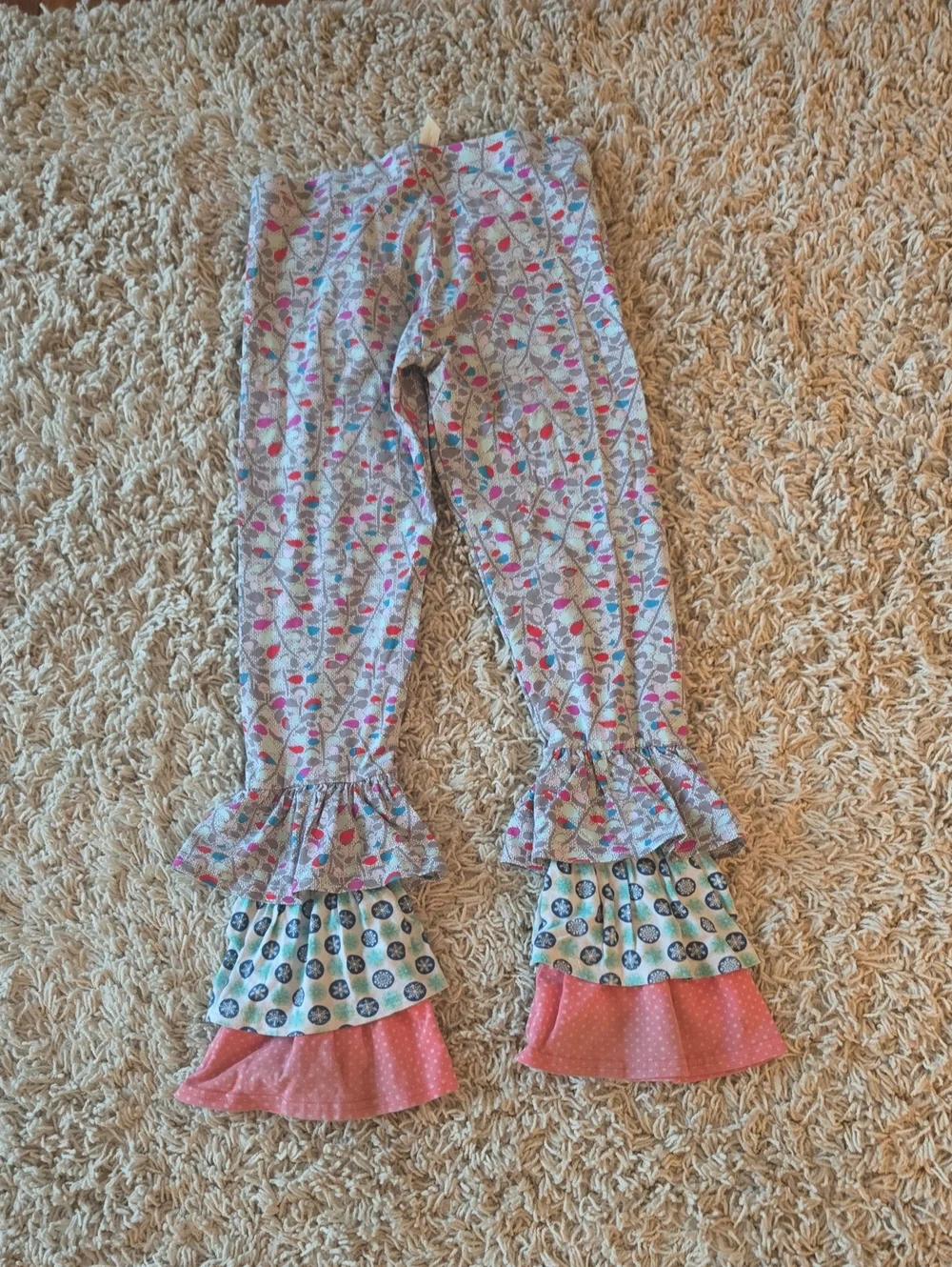 Matilda Jane Gray Leggings with Pink, Teal and Red Leaf Print
